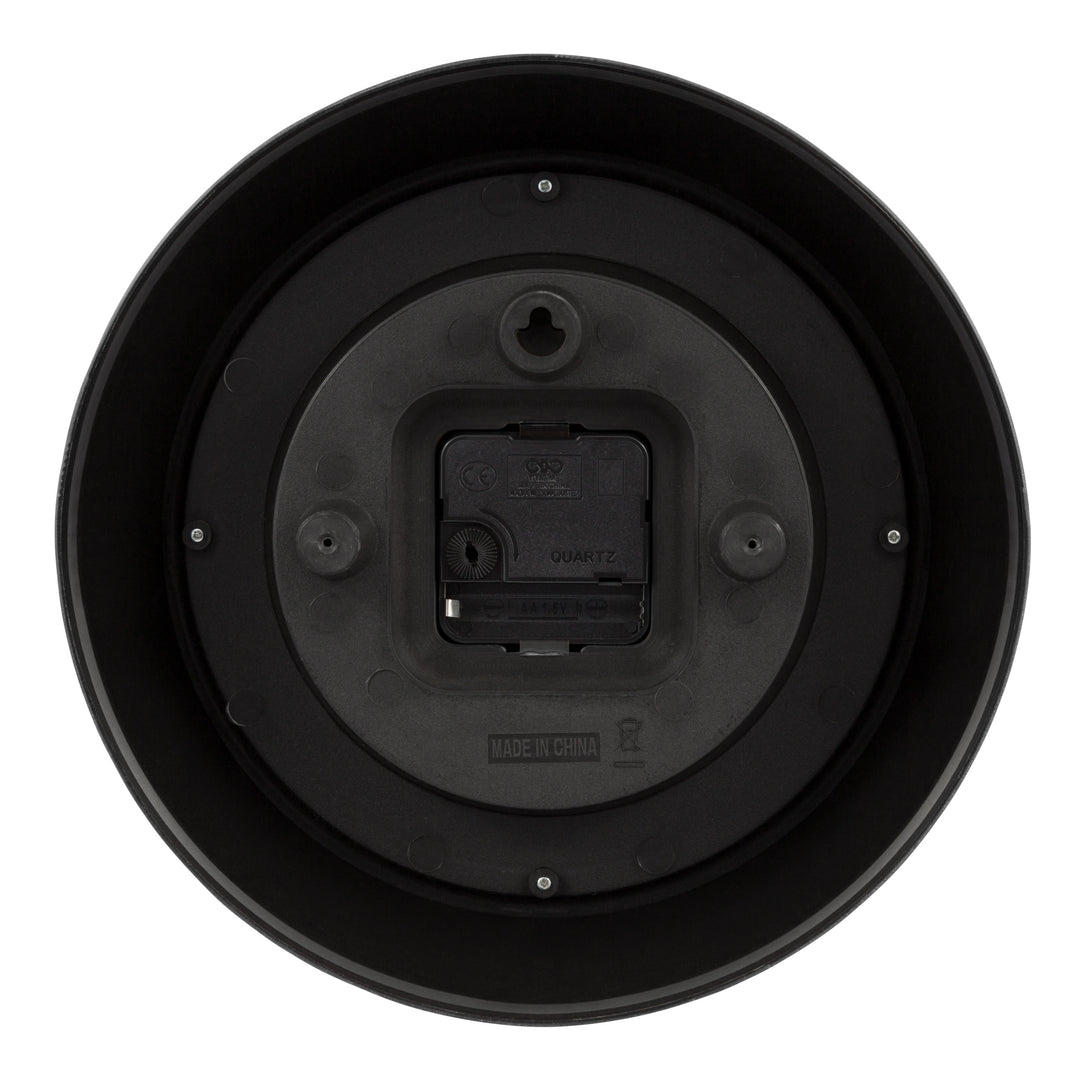 Back image of the image of the 404-3624B 9.5-inch Diner Wall Clock showing the battery compartment, quartz movement, and the hanging hole.