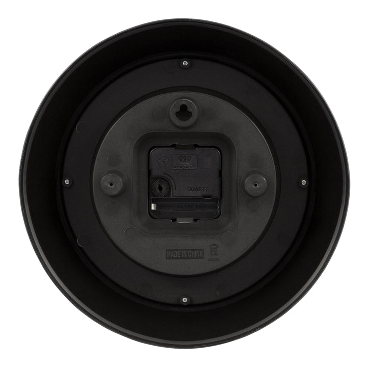 Back image of the image of the 404-3624B 9.5-inch Diner Wall Clock showing the battery compartment, quartz movement, and the hanging hole.