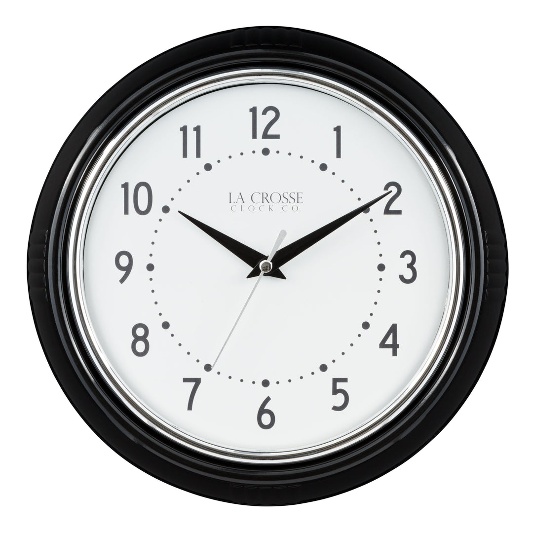Black and white head-on image of the 404-3624B 9.5-inch Diner Wall Clock featuring a black frame with chrome bezel accent, an off-white dial with black numbers and hour dots, a silver second hand, and black hour and minute hands.