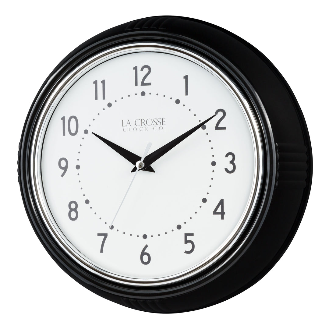 Left-facing image of the 404-3624B 9.5-inch Diner Wall Clock featuring a black frame with chrome bezel accent, an off-white dial with black numbers and hour dots, a silver second hand, and black hour and minute hands.