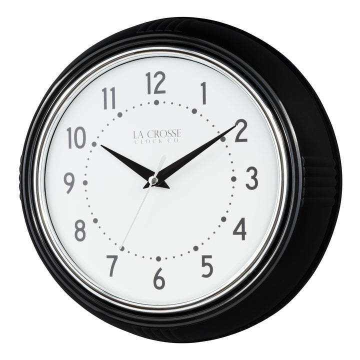 Left-facing image of the 404-3624B 9.5-inch Diner Wall Clock featuring a black frame with chrome bezel accent, an off-white dial with black numbers and hour dots, a silver second hand, and black hour and minute hands.