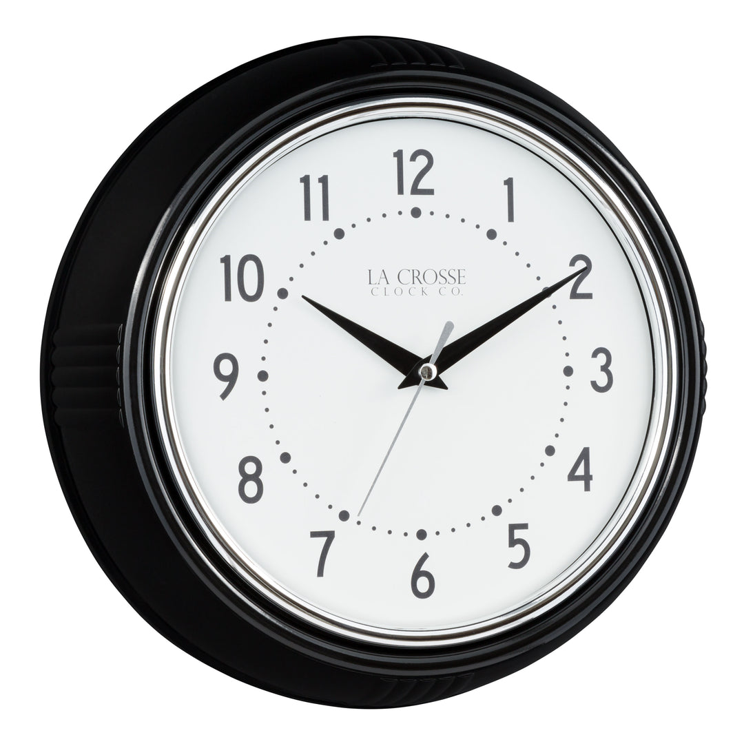 Right-facing image of the 404-3624B 9.5-inch Diner Wall Clock featuring a black frame with chrome bezel accent, an off-white dial with black numbers and hour dots, a silver second hand, and black hour and minute hands.