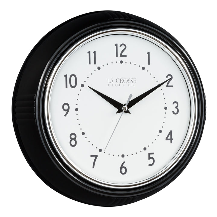 Right-facing image of the 404-3624B 9.5-inch Diner Wall Clock featuring a black frame with chrome bezel accent, an off-white dial with black numbers and hour dots, a silver second hand, and black hour and minute hands.