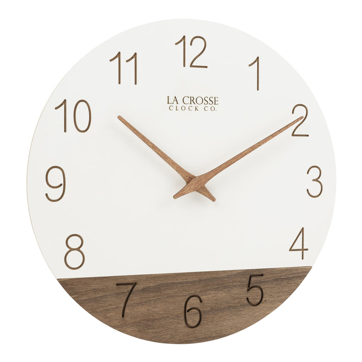 Right-facing image of the 404-3630B 12-inch Sierra Wood Wall Clock – White, featuring laser-cut numbers, a white and wood open-face dial, and wood hour and minute hands with the La Crosse Clock logo laser-cut into the dial below the 12.