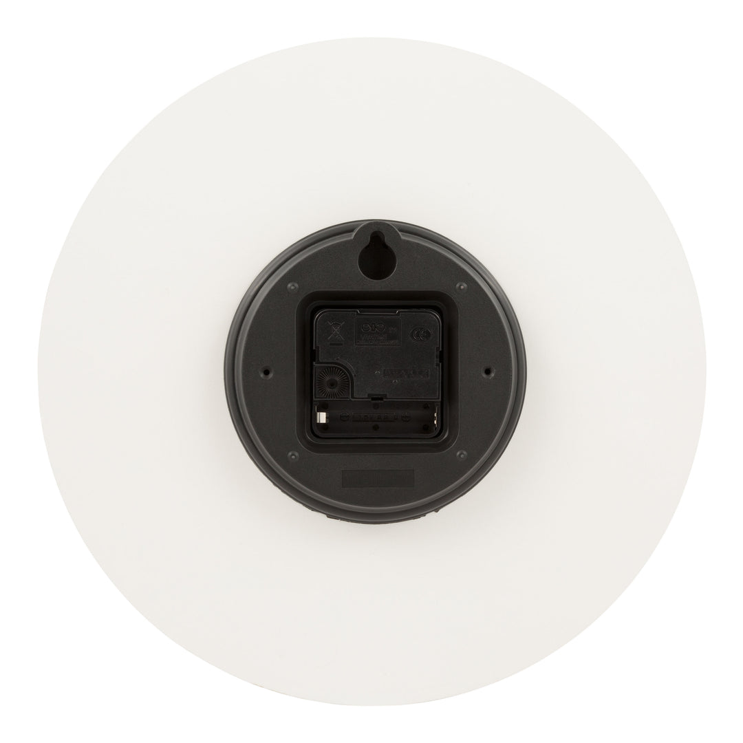 Image of the back of the 404-3630B 12-inch Sierra Wood Wall Clock – White, showing the quartz movement and the battery compartment.