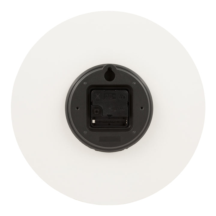 Image of the back of the 404-3630B 12-inch Sierra Wood Wall Clock – White, showing the quartz movement and the battery compartment.