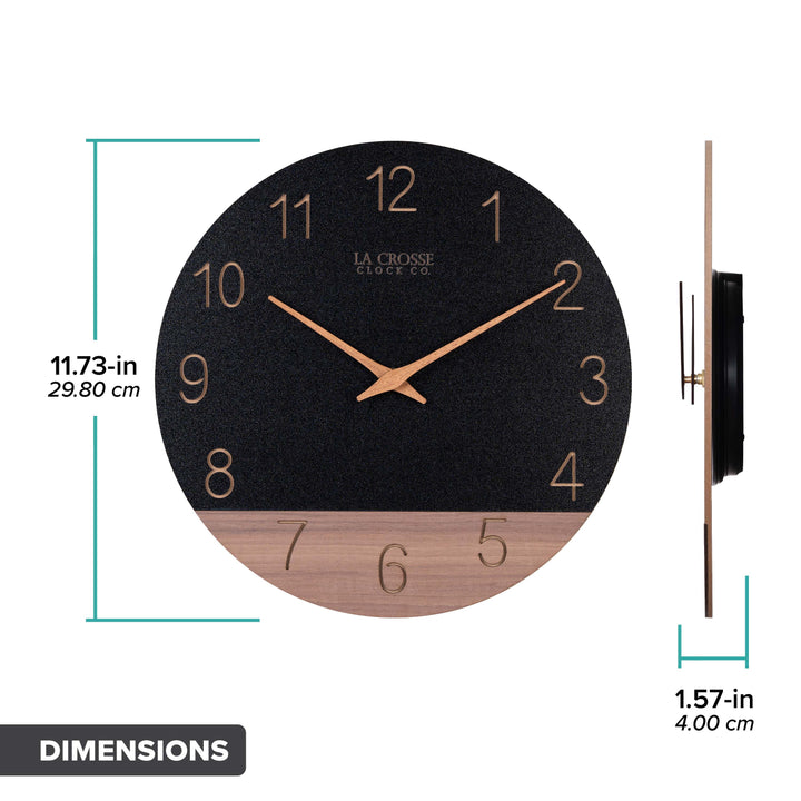 Orthographic dimension image of the 404-3630C 12-inch Sierra Wood Wall Clock - Black, the clock measures 11.73-inch in diamter and 1.57-inches in depth. The clock features a black and wood split design open-face dial, with laser cut numbers, and wood hour and minute hands.