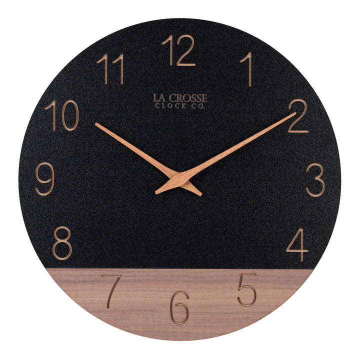 Head-on image of the 404-3630C 12-inch Sierra Wood Wall Clock - Black, the clock features a black and wood split design open-face dial, with laser cut numbers, and wood hour and minute hands.
