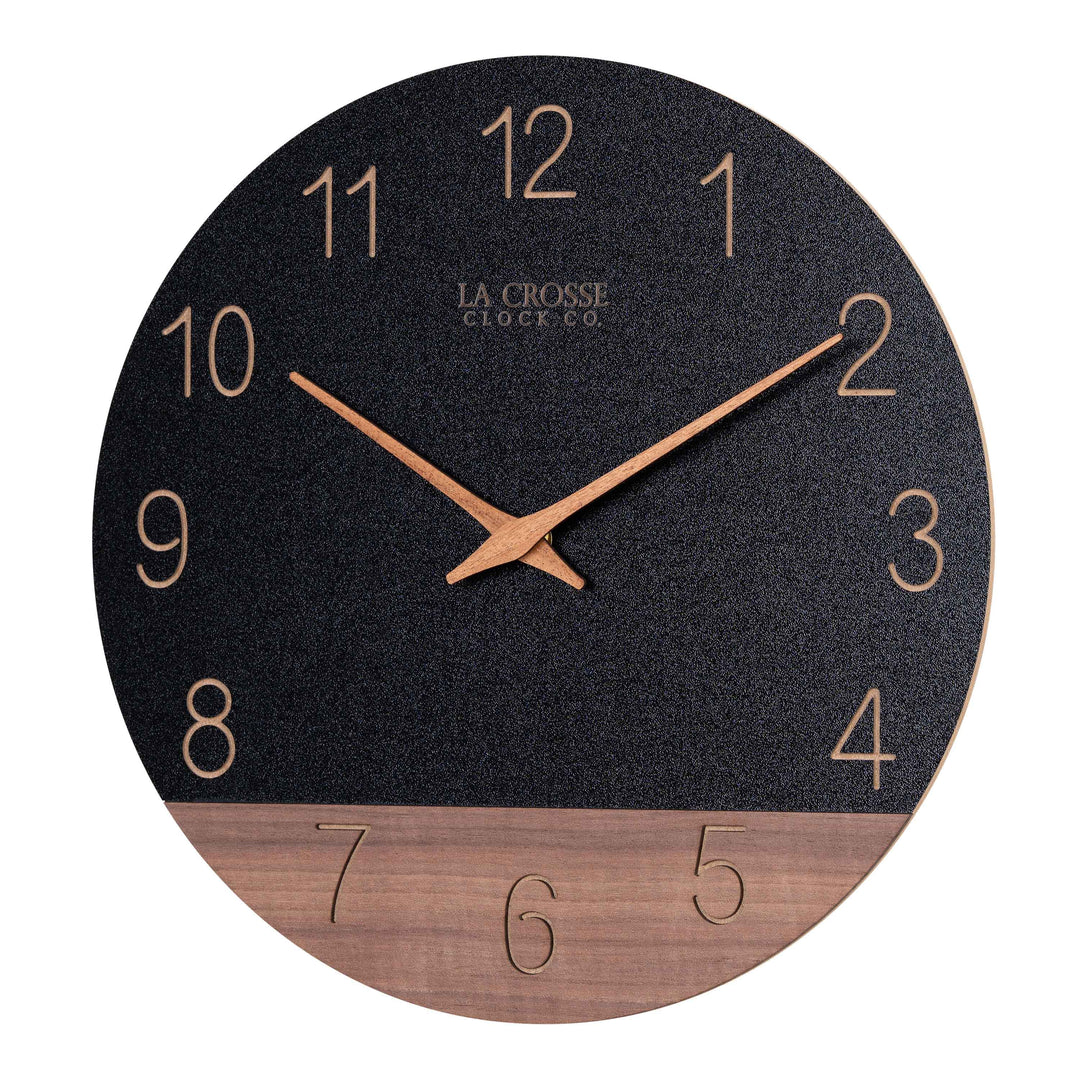 Left-facing image of the 404-3630C 12-inch Sierra Wood Wall Clock - Black, the clock features a black and wood split design open-face dial, with laser cut numbers, and wood hour and minute hands.