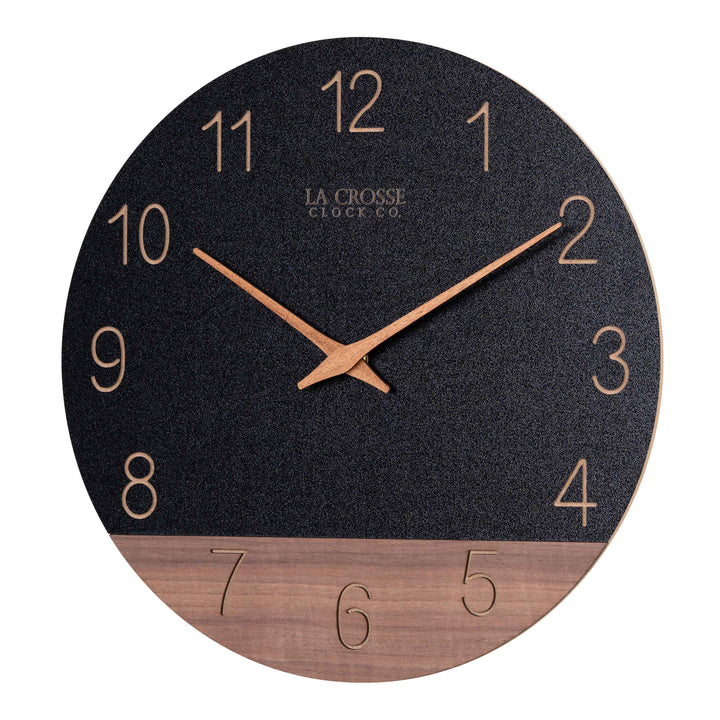 Left-facing image of the 404-3630C 12-inch Sierra Wood Wall Clock - Black, the clock features a black and wood split design open-face dial, with laser cut numbers, and wood hour and minute hands.