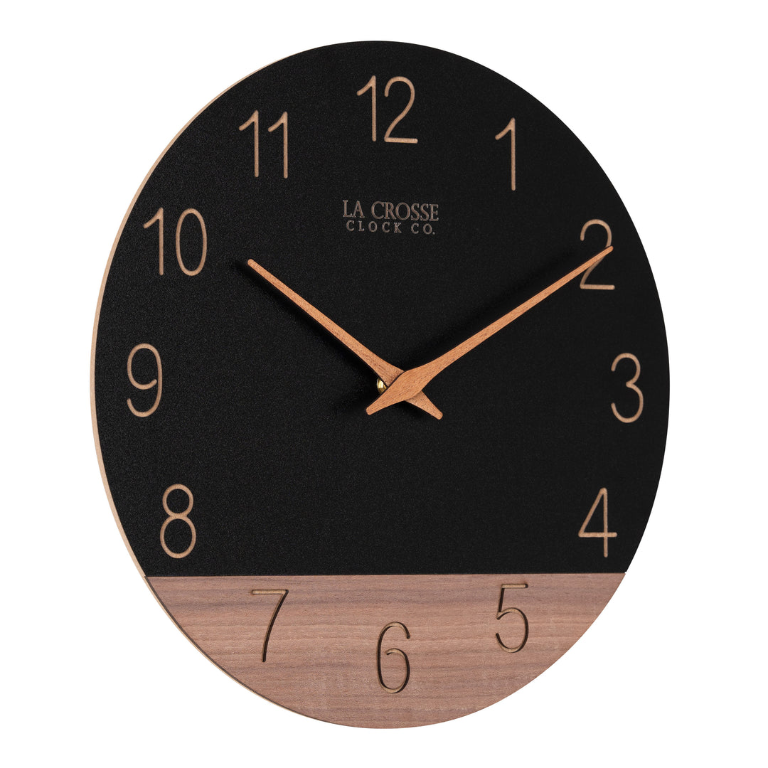 Right-facing image of the 404-3630C 12-inch Sierra Wood Wall Clock - Black, the clock features a black and wood split design open-face dial, with laser cut numbers, and wood hour and minute hands.