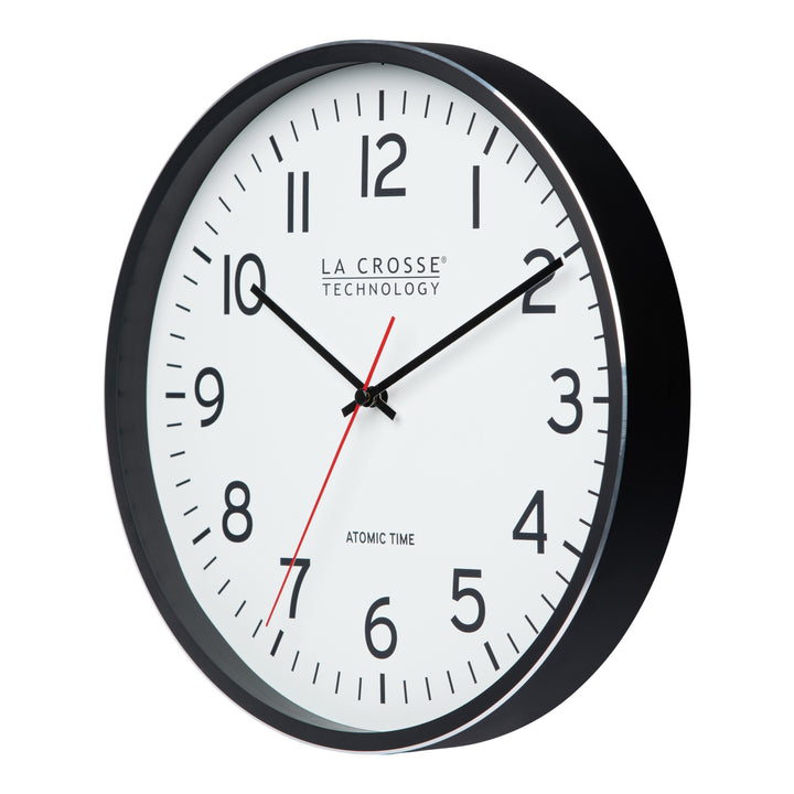 404-3730 La Crosse Technology wall clock with black frame and white face on a white background