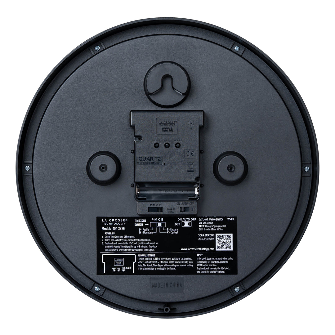 Back image of the 404-3826 10-inch Atomic Analog Wall Clock showing the atomic quartz movement, the battery compartment, and the hanging hole.