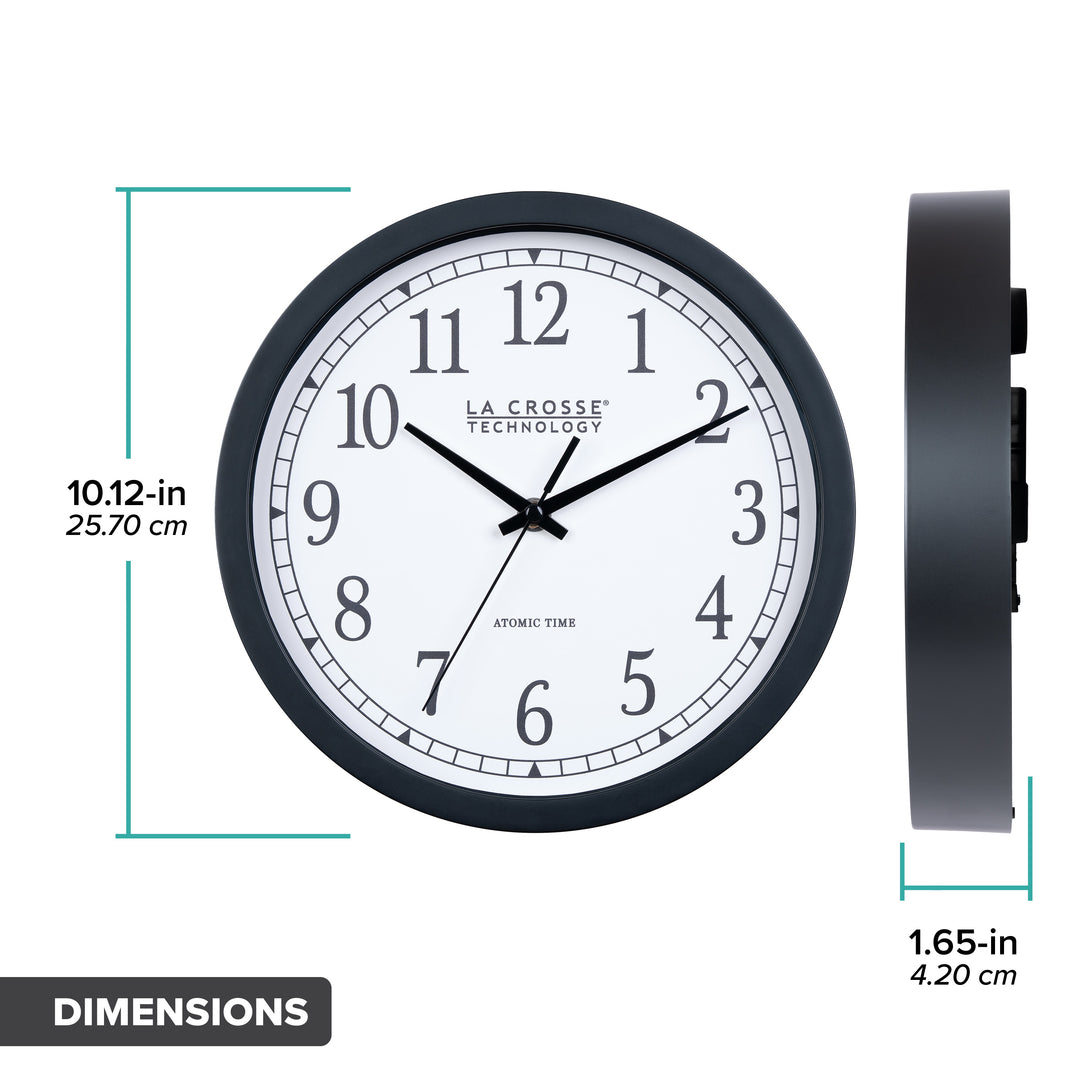 Orthographic Dimension image of the 404-3826 10-inch Atomic Analog Wall Clock featuring a black flush-mount frame, stylized black numerals, and black metal hands. The image shows the clock&