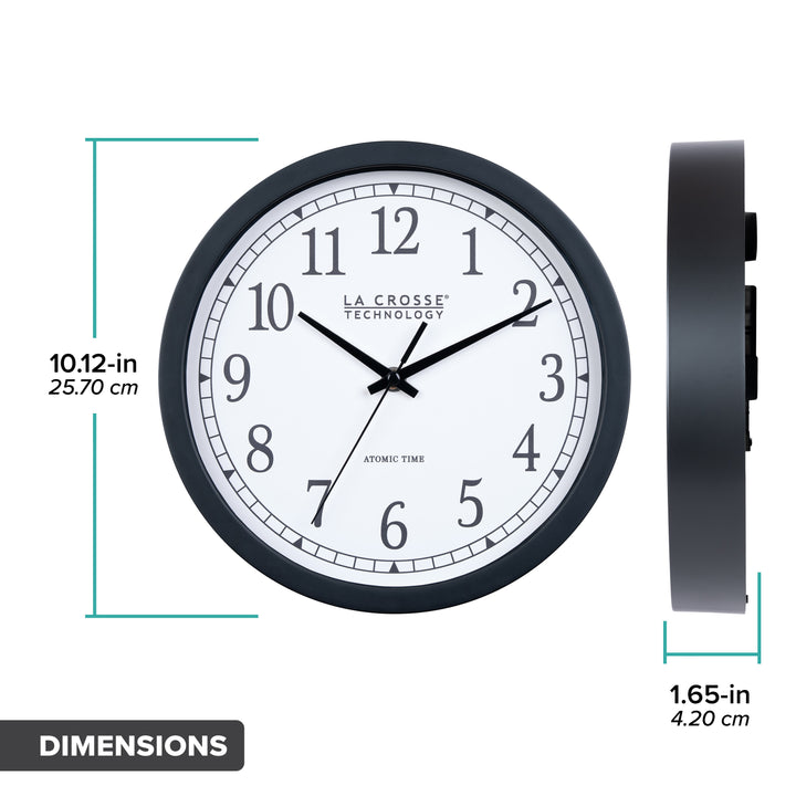 Orthographic Dimension image of the 404-3826 10-inch Atomic Analog Wall Clock featuring a black flush-mount frame, stylized black numerals, and black metal hands. The image shows the clock&