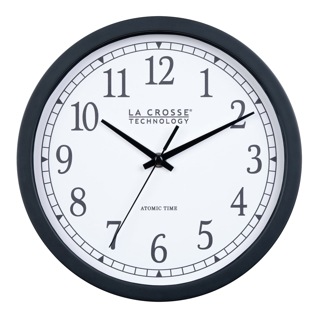 Head-on image of the 404-3826 10-inch Atomic Analog Wall Clock featuring a black flush-mount frame, stylized black numerals, and black metal hands.