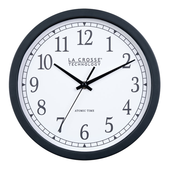Head-on image of the 404-3826 10-inch Atomic Analog Wall Clock featuring a black flush-mount frame, stylized black numerals, and black metal hands.