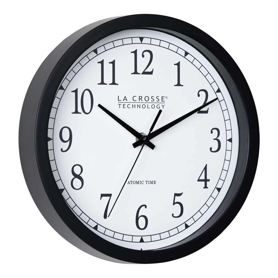 Right-facing image of the 404-3826 10-inch Atomic Analog Wall Clock featuring a black flush-mount frame, stylized black numerals, and black metal hands.
