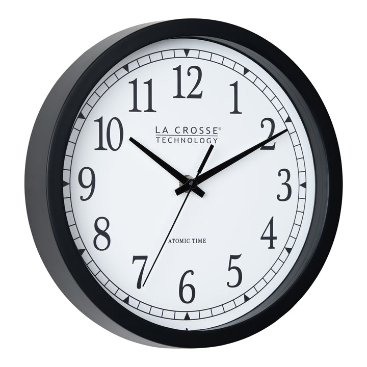 Right-facing image of the 404-3826 10-inch Atomic Analog Wall Clock featuring a black flush-mount frame, stylized black numerals, and black metal hands.