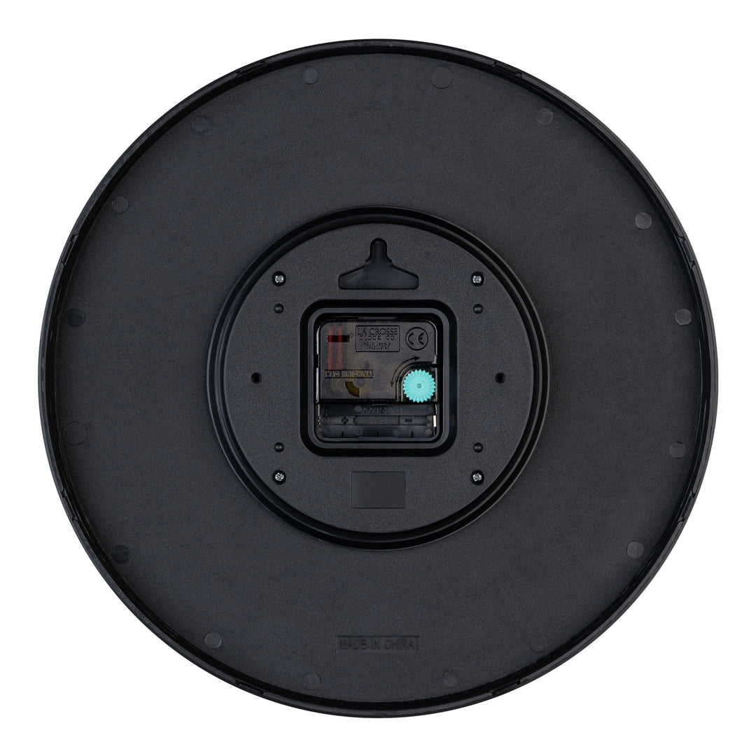 Back image of the 404-3831B 12-inch Paxton Wall Clock - Black, with Silent Sweep, showing the battery compartment, the quartz movement, and the hanging hole.