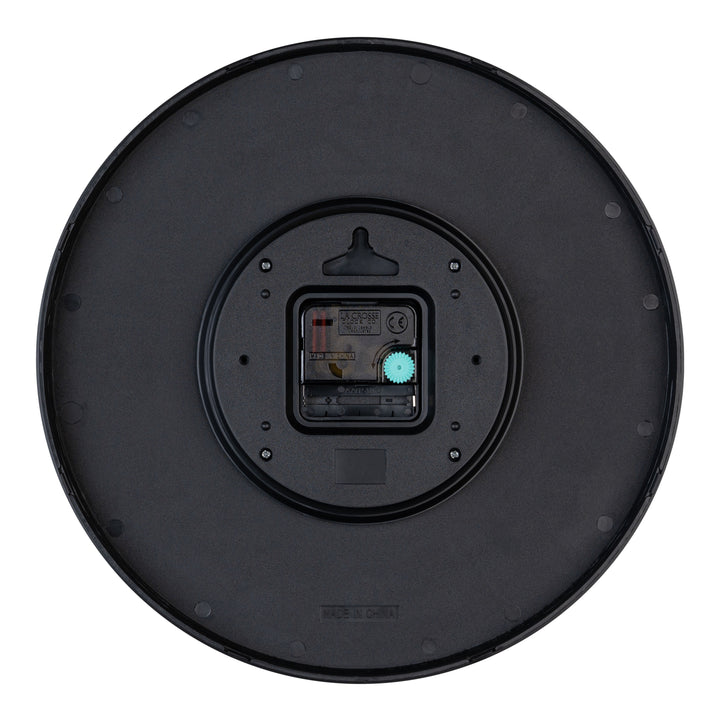 Back image of the 404-3831B 12-inch Paxton Wall Clock - Black, with Silent Sweep, showing the battery compartment, the quartz movement, and the hanging hole.