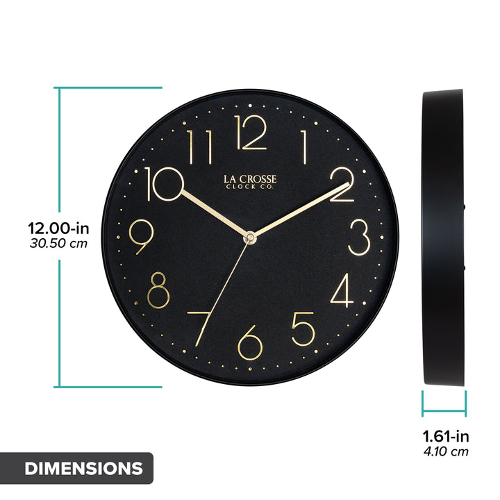 Orthographic image of the 404-3831B 12-inch Paxton Wall Clock - Black, with Silent Sweep, featuring a flush-mount black frame, a matching color dial, brass raised numbers, and brass-finished hour, minute, and second hands. The diameter is 12 inches, and the depth is 1.61 inches.