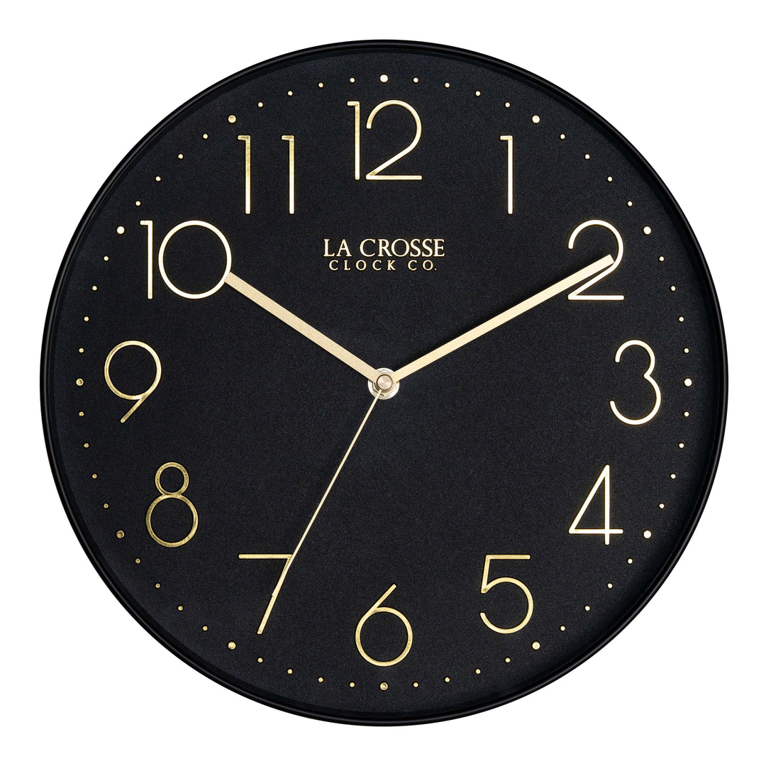 Head-on image of the 404-3831B 12-inch Paxton Wall Clock - Black, with Silent Sweep, featuring a flush-mount black frame, a matching color dial, brass raised numbers, and brass-finished hour, minute, and second hands.