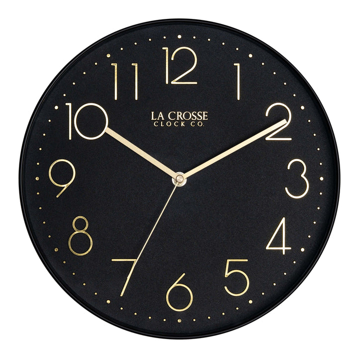 Head-on image of the 404-3831B 12-inch Paxton Wall Clock - Black, with Silent Sweep, featuring a flush-mount black frame, a matching color dial, brass raised numbers, and brass-finished hour, minute, and second hands.
