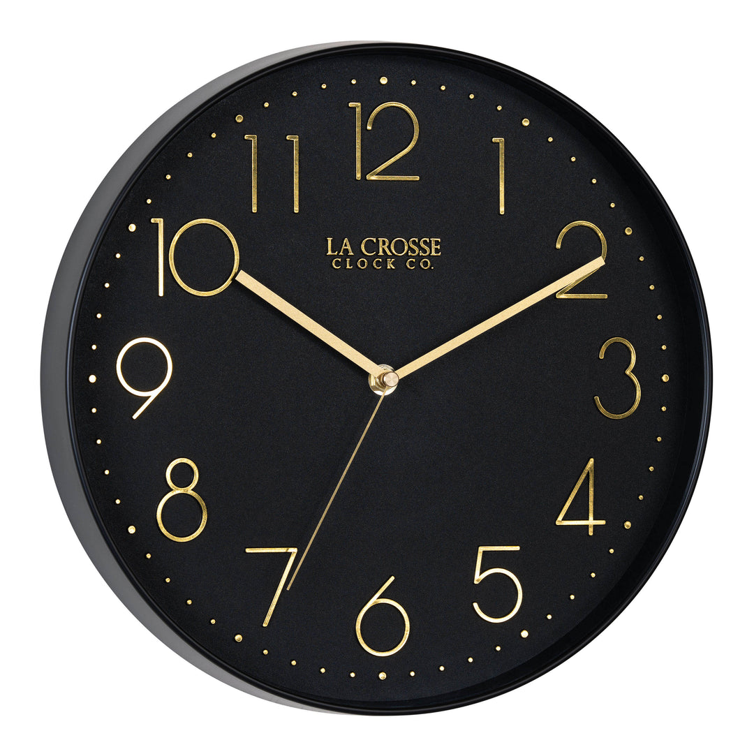Right-facing image highlighting the buttons of the 404-3831B 12-inch Paxton Wall Clock - Black, with Silent Sweep, featuring a flush-mount black frame, a matching color dial, brass raised numbers, and brass-finished hour, minute, and second hands.