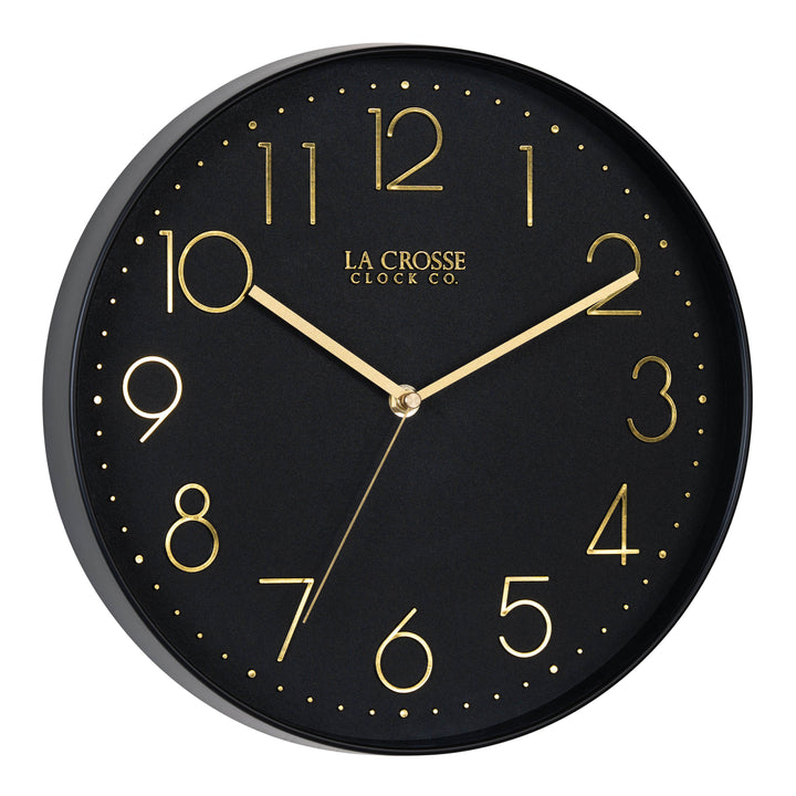 Right-facing image highlighting the buttons of the 404-3831B 12-inch Paxton Wall Clock - Black, with Silent Sweep, featuring a flush-mount black frame, a matching color dial, brass raised numbers, and brass-finished hour, minute, and second hands.