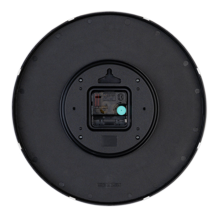 Back image of the 404-3831G 12-inch Paxton Wall Clock - Green, with Silent Sweep, showing the battery compartment, the quartz movement, and the hanging hole.