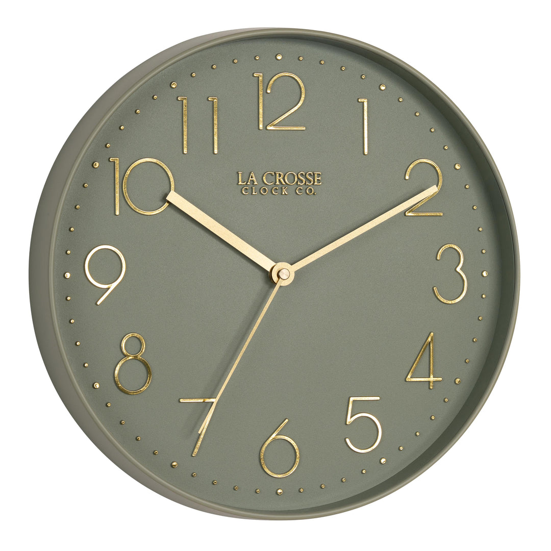 Right-facing image highlighting the buttons of the 404-3831G 12-inch Paxton Wall Clock - Green, with Silent Sweep, featuring a flush-mount green frame, a matching color dial, brass raised numbers, and brass-finished hour, minute, and second hands.