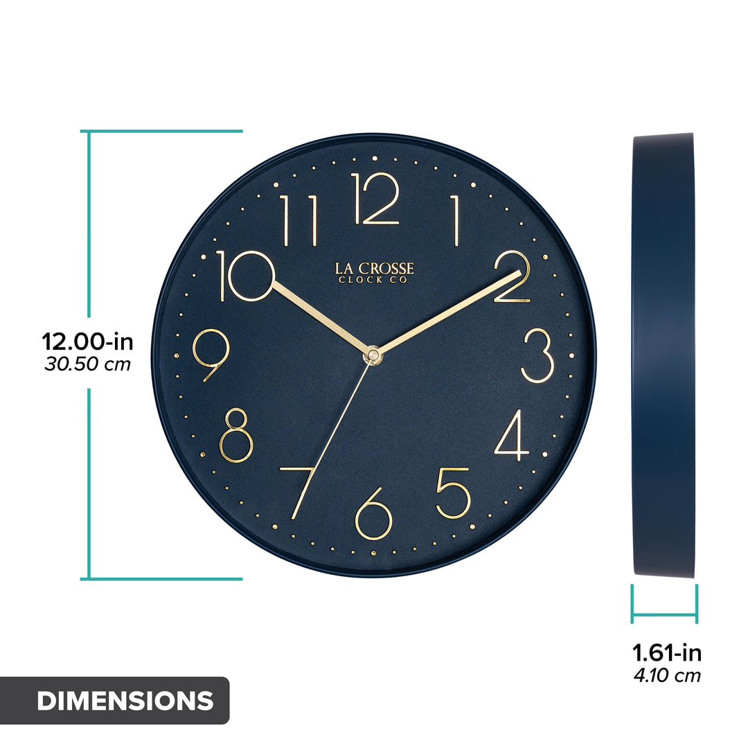 Orthographic image of the 404-3831NB 12-inch Paxton Wall Clock - Navy Blue, with Silent Sweep, featuring a flush-mount navy blue frame, a matching color dial, brass raised numbers, and brass-finished hour, minute, and second hands. The diameter is 12 inches, and the depth is 1.61 inches.