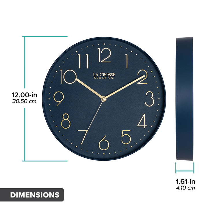 Orthographic image of the 404-3831NB 12-inch Paxton Wall Clock - Navy Blue, with Silent Sweep, featuring a flush-mount navy blue frame, a matching color dial, brass raised numbers, and brass-finished hour, minute, and second hands. The diameter is 12 inches, and the depth is 1.61 inches.