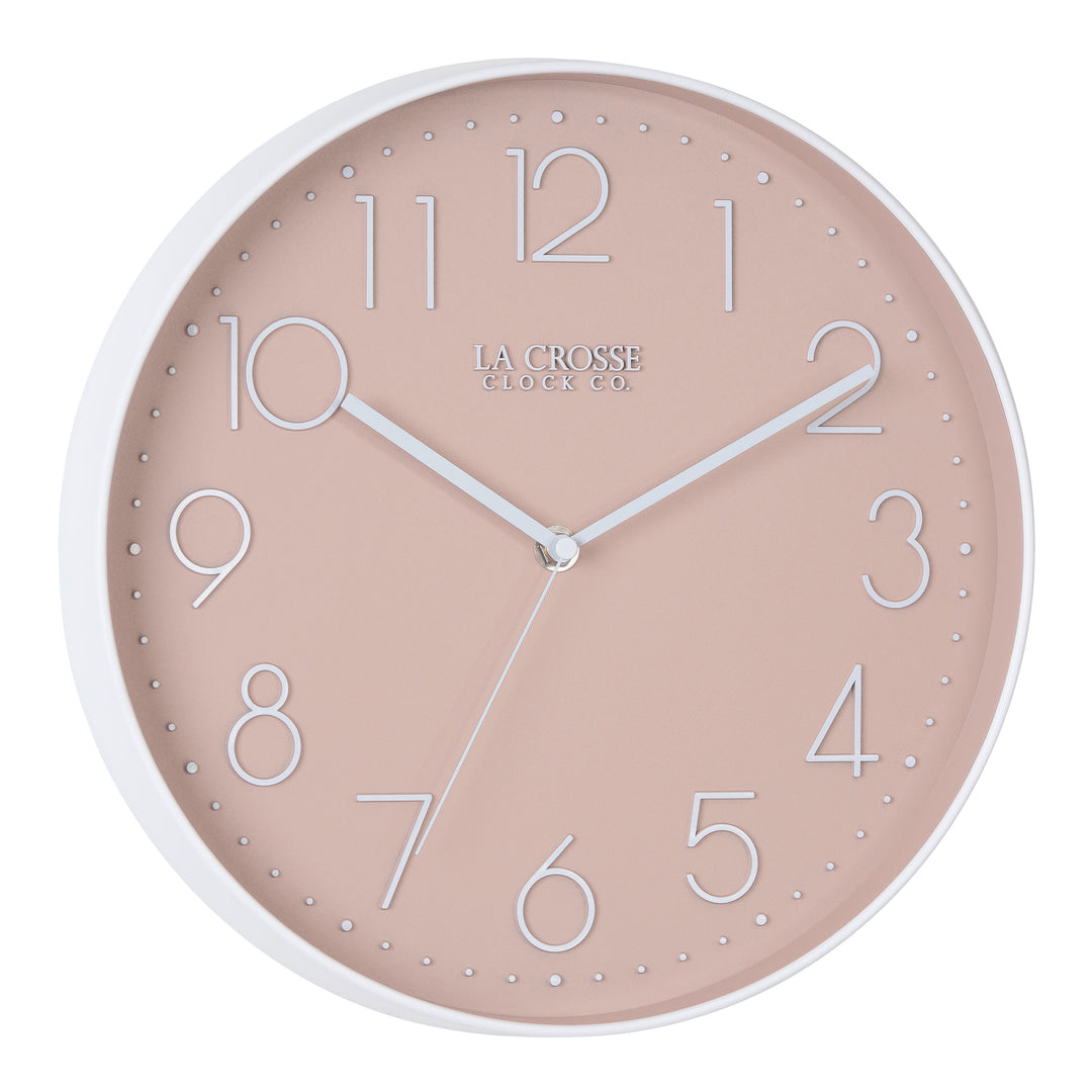 Right-facing image highlighting the buttons of the 404-3831P 12-inch Paxton Wall Clock - Peach, with Silent Sweep, featuring a flush-mount peach frame, a matching color dial, white raised numbers, and white metal hour, minute, and second hands.