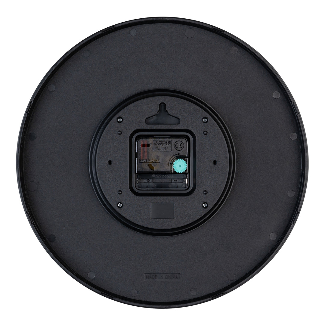 Back image of the 404-3831SP 12-inch Paxton Wall Clock - Speckled, with Silent Sweep, showing the battery compartment, the quartz movement, and the hanging hole.