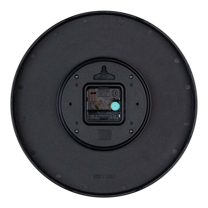Back image of the 404-3831SP 12-inch Paxton Wall Clock - Speckled, with Silent Sweep, showing the battery compartment, the quartz movement, and the hanging hole.
