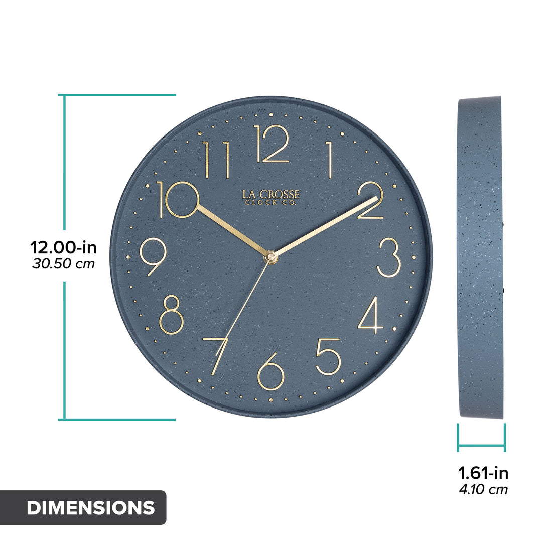 Orthographic image of the 404-3831SP 12-inch Paxton Wall Clock - Speckled, with Silent Sweep, featuring a flush-mount speckled blue frame, a matching color dial, brass raised numbers, and brass-finished hour, minute, and second hands. The diameter is 12 inches and the depth is 1.61 inches.