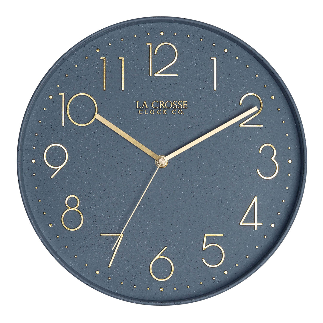 Head-on image of the 404-3831SP 12-inch Paxton Wall Clock - Speckled, with Silent Sweep, featuring a flush-mount speckled blue frame, a matching color dial, brass raised numbers, and brass-finished hour, minute, and second hands.