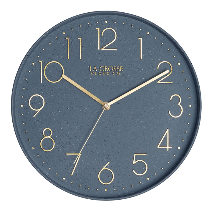Head-on image of the 404-3831SP 12-inch Paxton Wall Clock - Speckled, with Silent Sweep, featuring a flush-mount speckled blue frame, a matching color dial, brass raised numbers, and brass-finished hour, minute, and second hands.