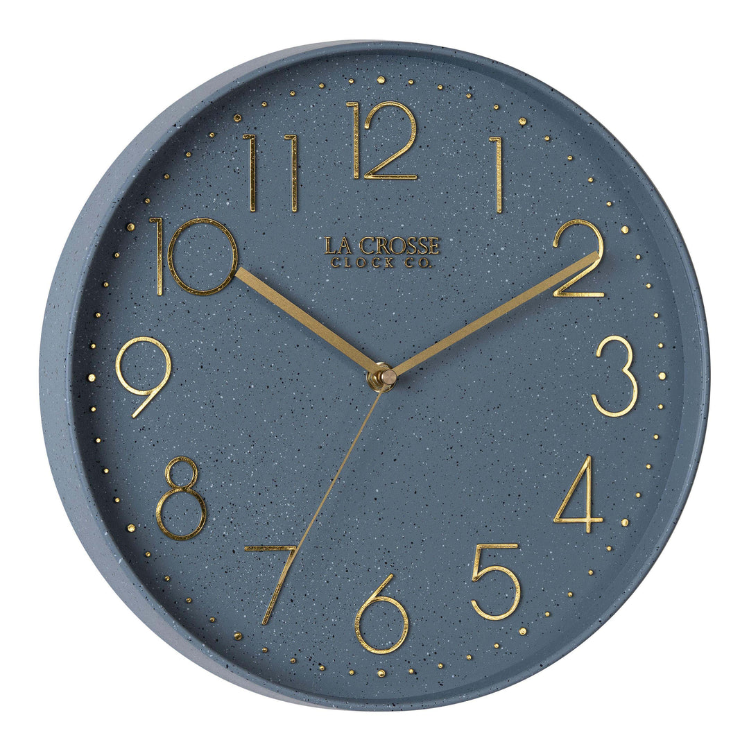Right-facing image highlighting the buttons of the 404-3831SP 12-inch Paxton Wall Clock - Speckled, with Silent Sweep, featuring a flush-mount speckled blue frame, a matching color dial, brass raised numbers, and brass-finished hour, minute, and second hands.