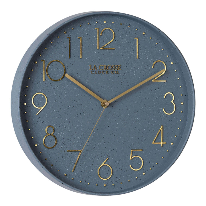 Right-facing image highlighting the buttons of the 404-3831SP 12-inch Paxton Wall Clock - Speckled, with Silent Sweep, featuring a flush-mount speckled blue frame, a matching color dial, brass raised numbers, and brass-finished hour, minute, and second hands.