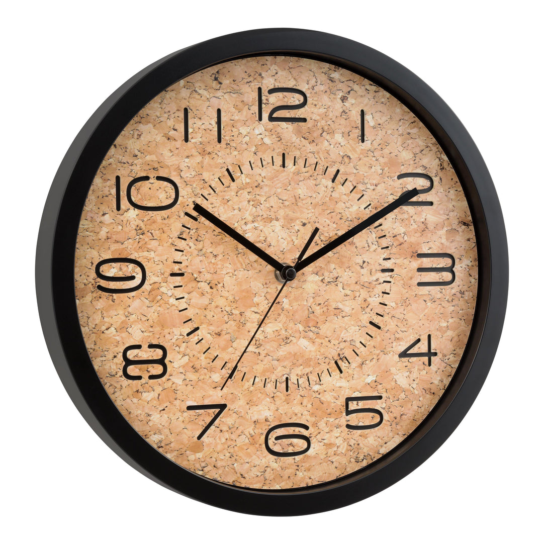 Right Facing image of the 12-inch 404-3832 Felix Cork Wall Clock with laser cut numbers and time markings with black hour, minute, and second hands
