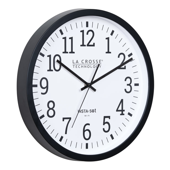 Right-facing view of the 404-3836 Insta-Set Wi-Fi Wall Clock for iOS users. The clock features a black flush-mount frame, a white dial with black numbers, and black hands.