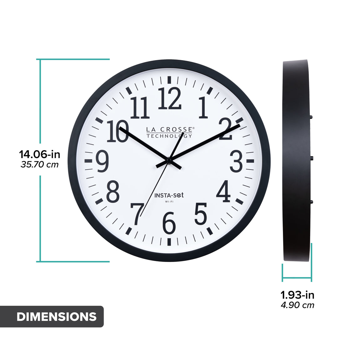 Dimension image of the 404-3836 Insta-Set Wi-Fi Wall Clock showing a head-on view with text dimension 14.06 inches in diameter and a side view showing 1.93 inches in depth