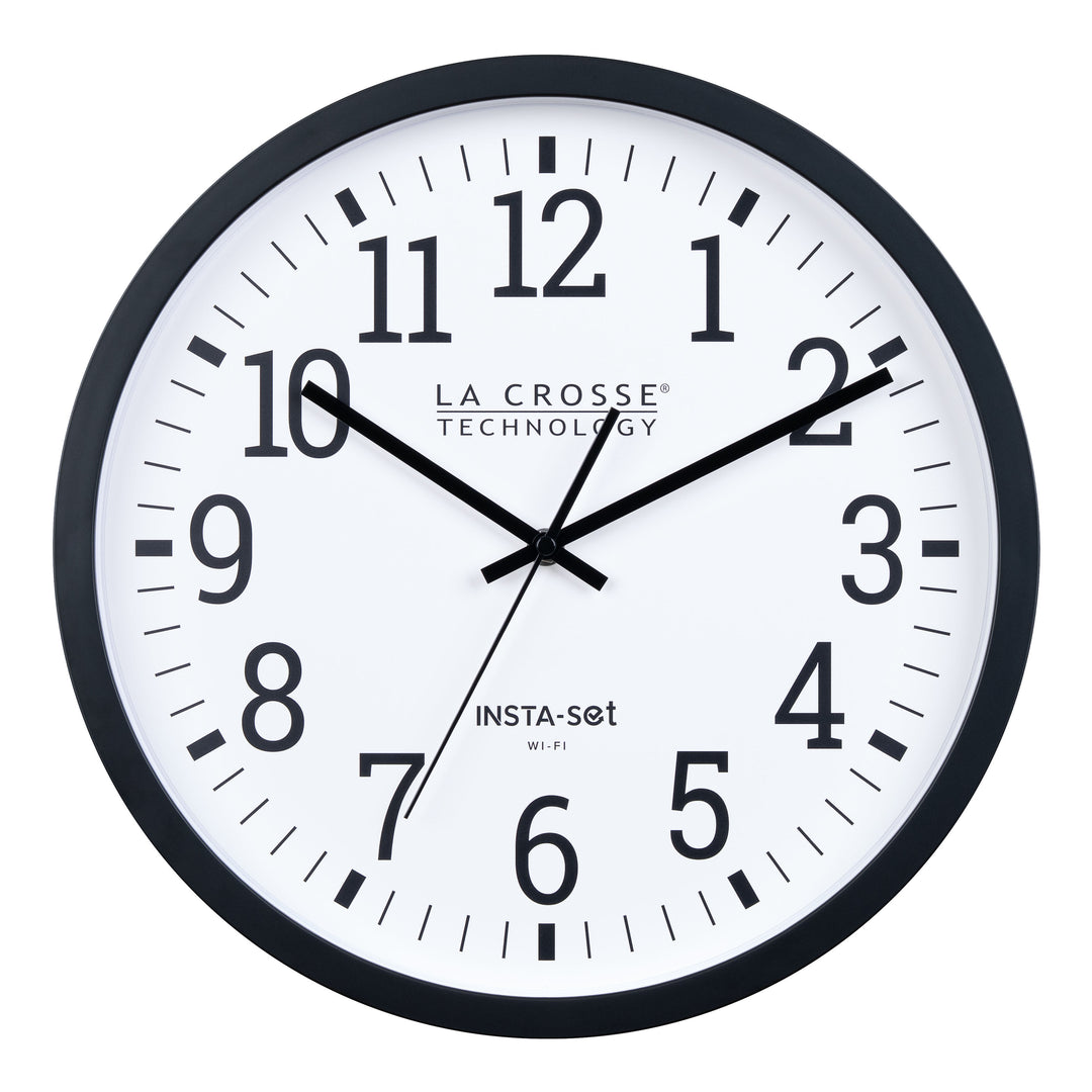 Head-on image of the 404-3836 Insta-Set Wi-Fi Wall Clock for iOS users. The clock features a black flush-mount frame, a white dial with black numbers, and black hands.