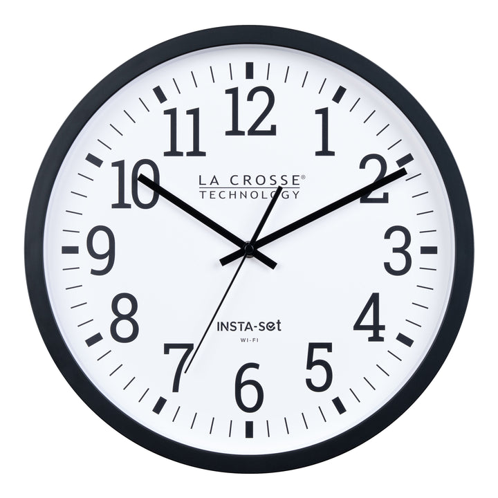 Head-on image of the 404-3836 Insta-Set Wi-Fi Wall Clock for iOS users. The clock features a black flush-mount frame, a white dial with black numbers, and black hands.