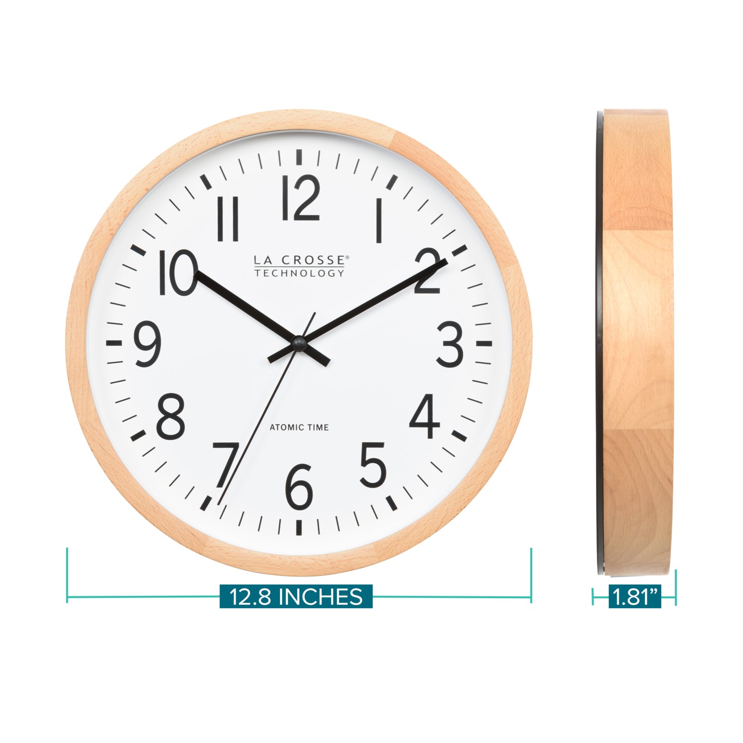404-53707 12.8-inch Atomic Wood Wall Clock – Beech Wood