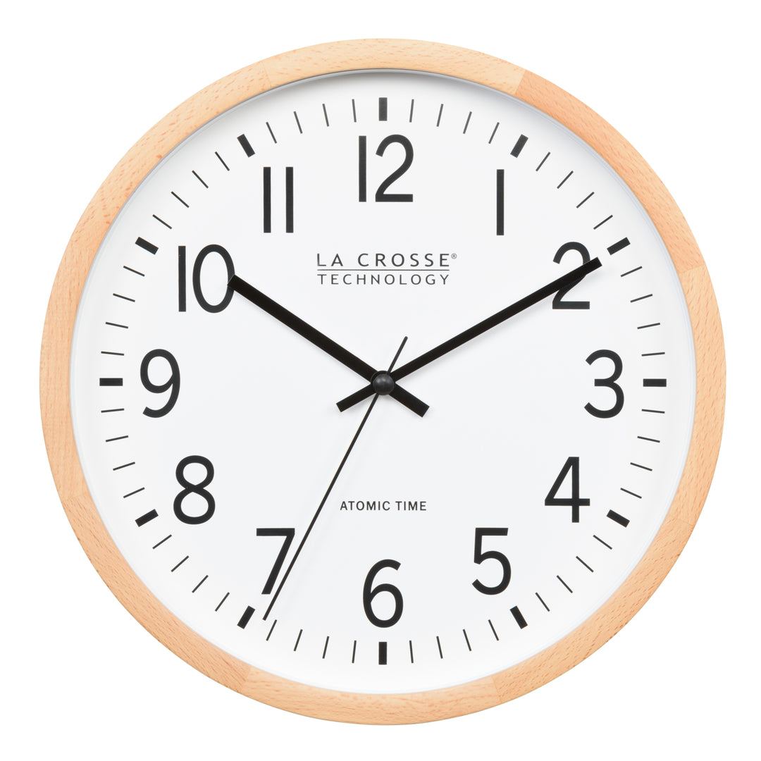 404-53707 12.8-inch Atomic Wood Wall Clock – Beech Wood