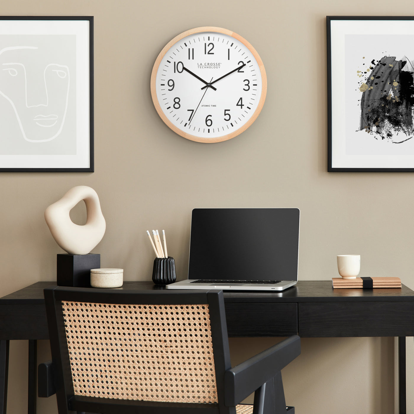 404-53707 12.8-inch Atomic Wood Wall Clock – Beech Wood